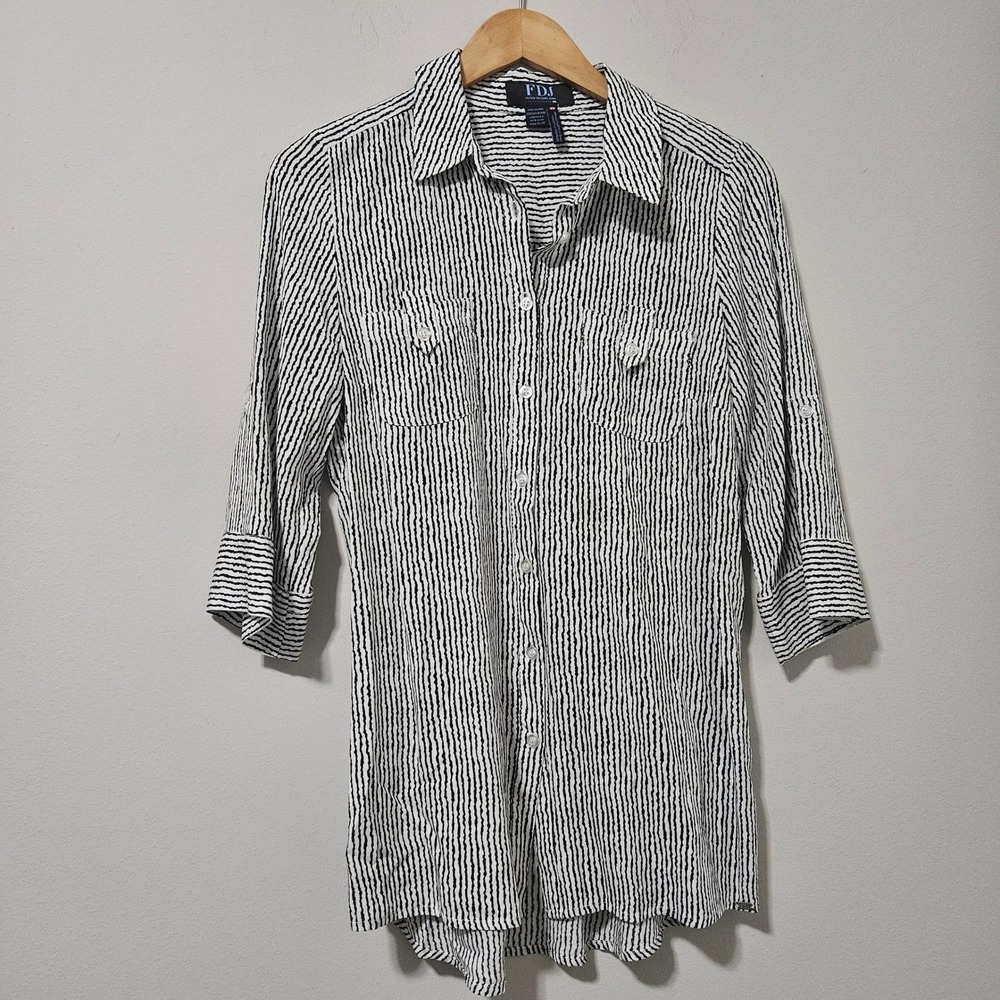 FDJ French Dressing‎ Jeans Womens Stripe Button Down Tunic Blouse 3/4 Sleeve 6